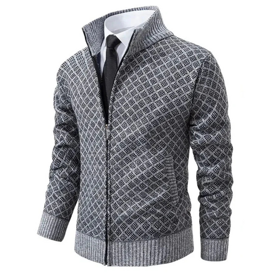 Grey and charcoal diamond-patterned zip cardigan with ribbed trim, worn with a white shirt and dark tie 2