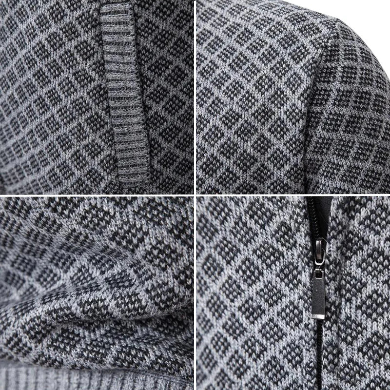 Four close-up details of the grey knit: pocket opening, diamond pattern, ribbed texture and metal zip 6
