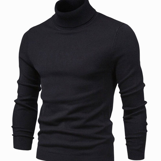 Slim fit turtleneck jumper in black, shown from the front with ribbed collar, cuffs and hem 2