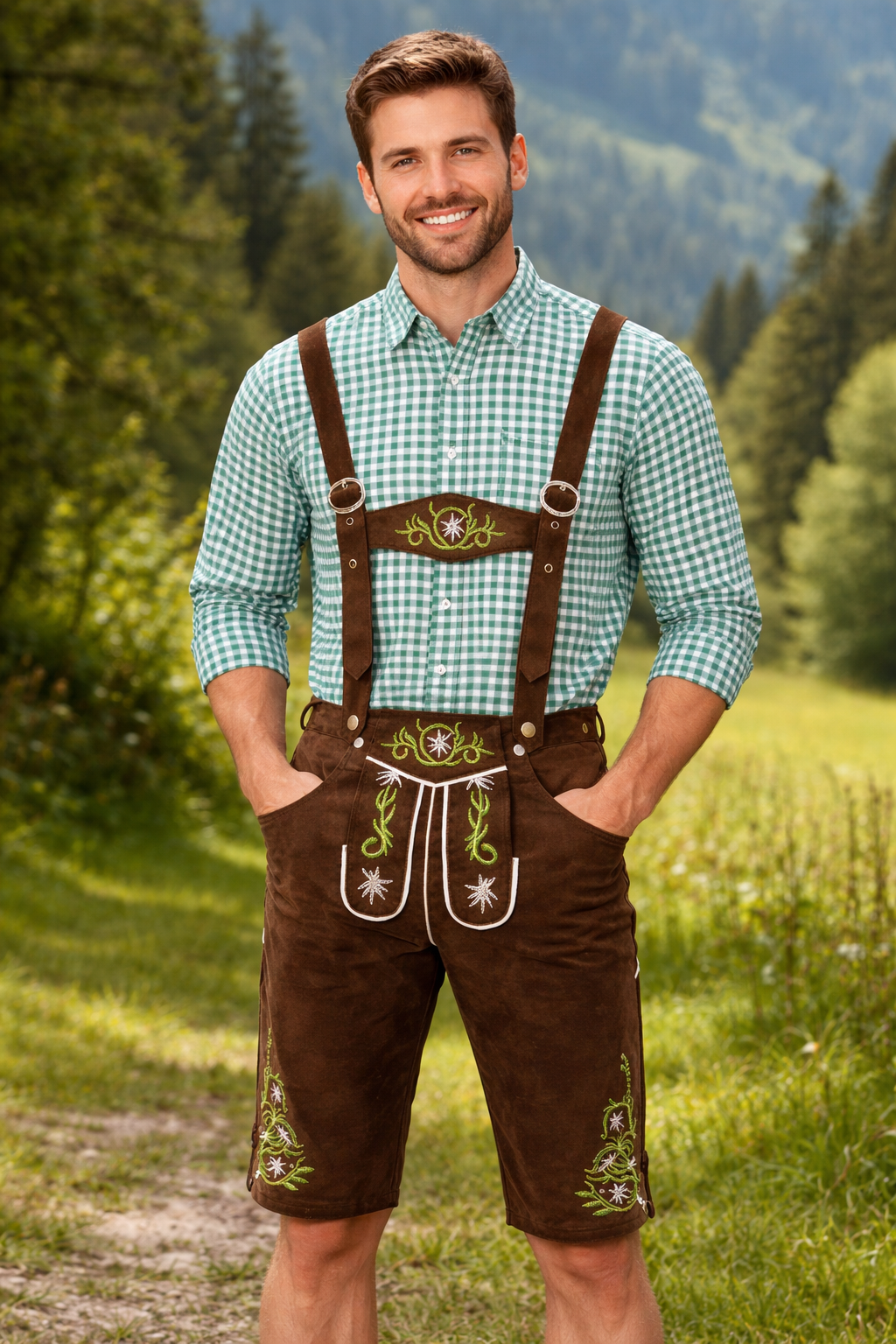 Same brown embroidered lederhosen and checked shirt worn outdoors, the man standing on a grassy path with wooded hills behind him. 2
