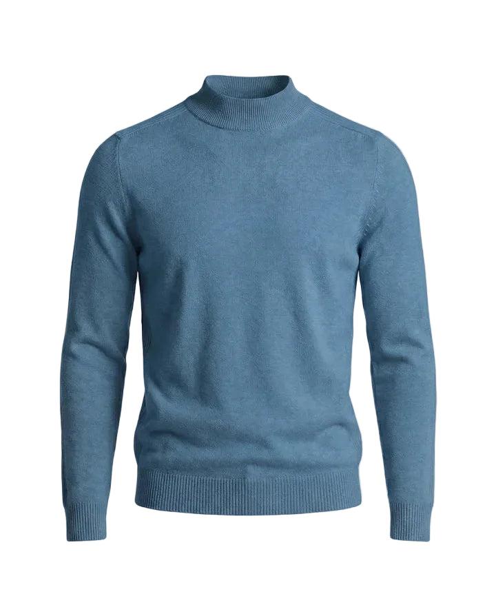 Front view of the jumper in steel blue, laid flat, with ribbed collar and hem 10