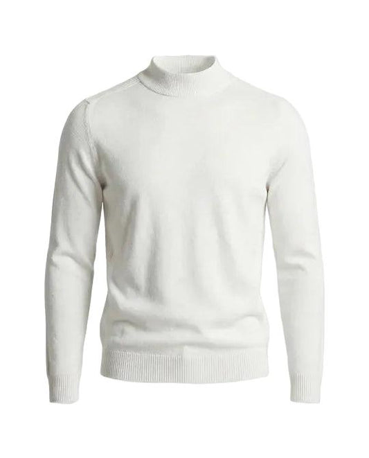 Front view of the jumper in off-white, laid flat with ribbed collar, cuffs and hem 2
