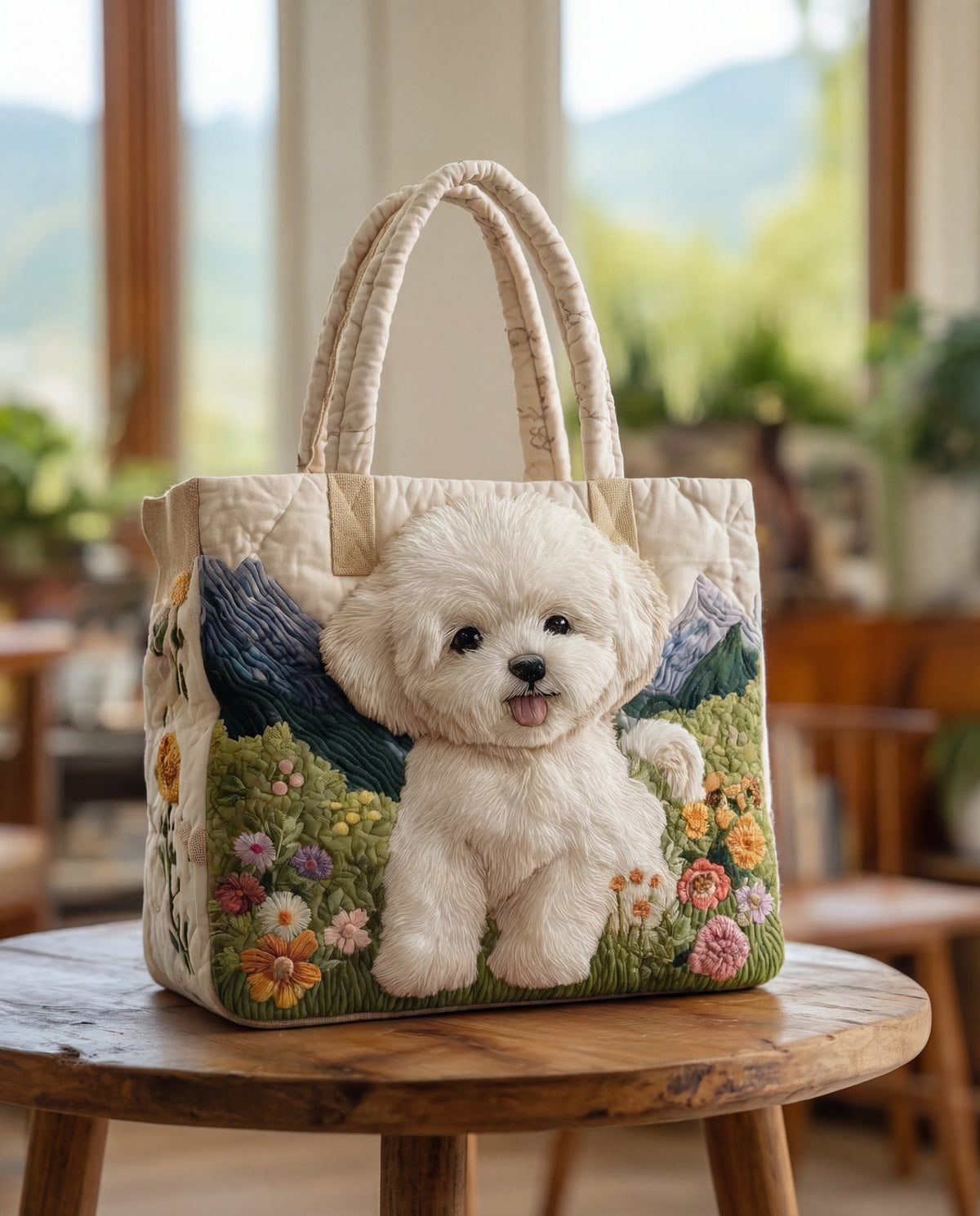 Cream quilted tote with a fluffy white puppy in a flower meadow, on a wooden stool 1