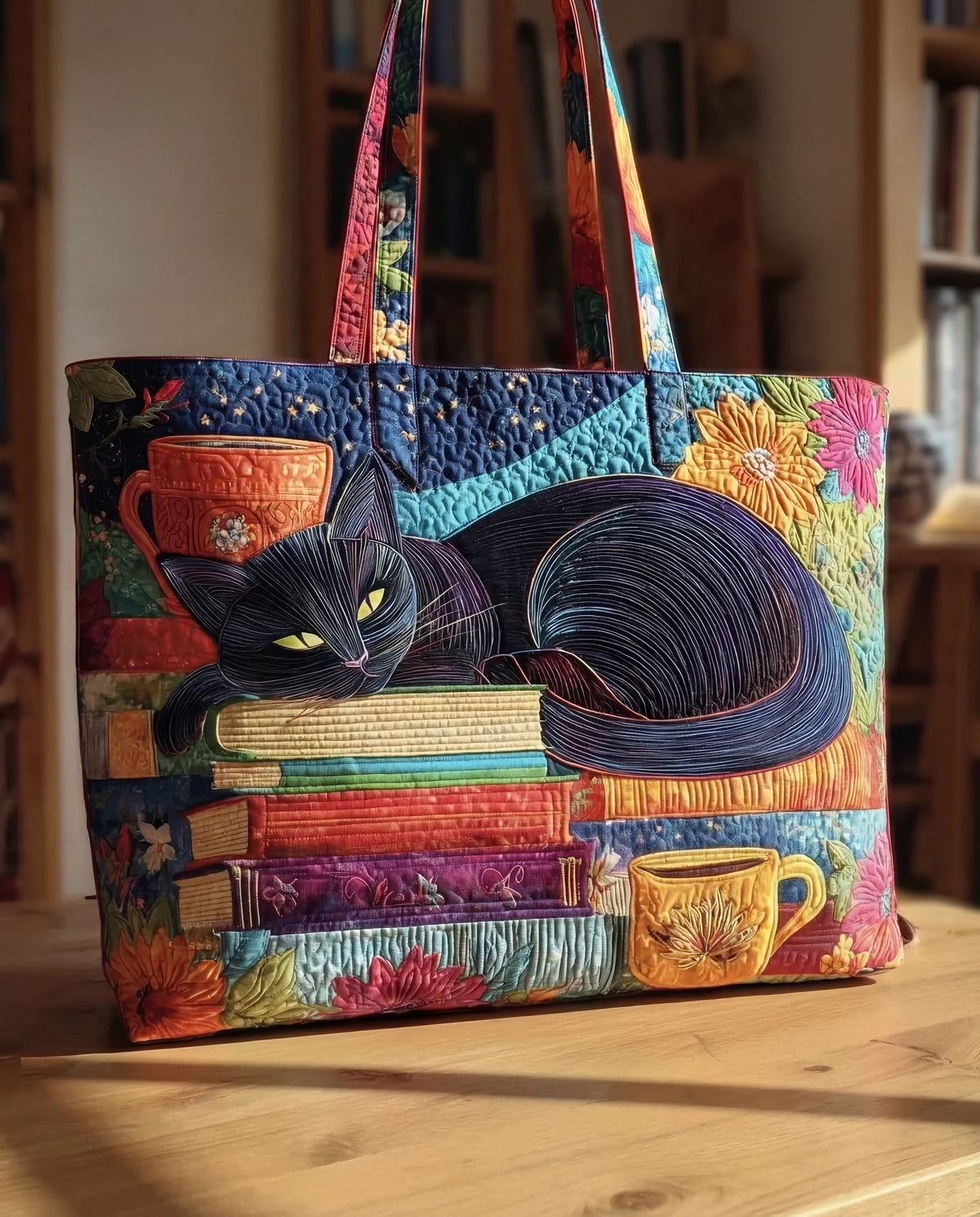 Front of the quilted tote standing on a wooden table, showing a curled-up black cat on colourful books with teacups and flowers. 1