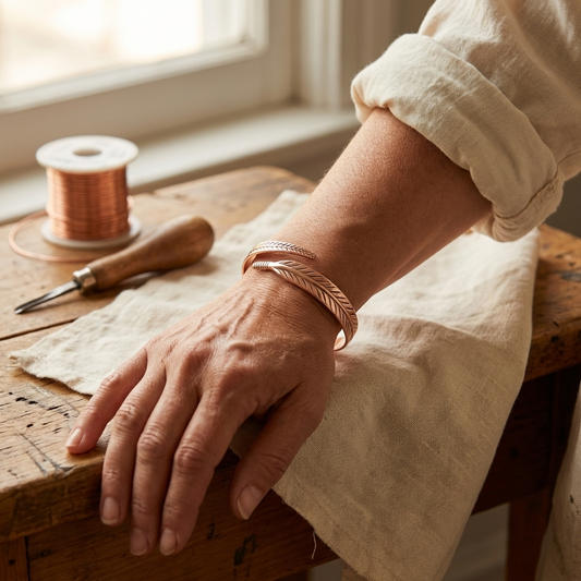 Wrist wearing the wraparound feather-engraved copper bracelet, with copper wire and an engraving tool on a wooden bench 2