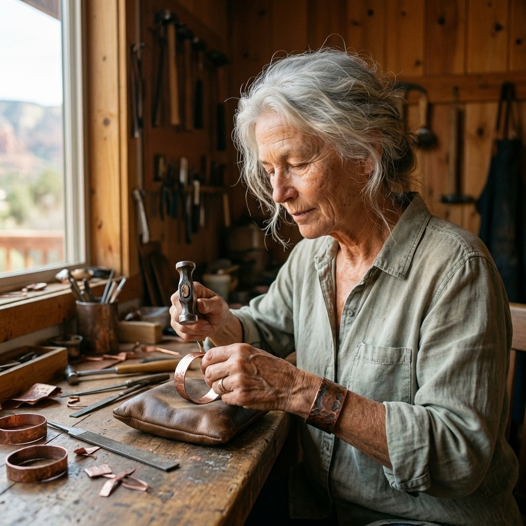 Silver-haired craftswoman hammering a copper band in her wood-panelled workshop, with tools on the wall 5