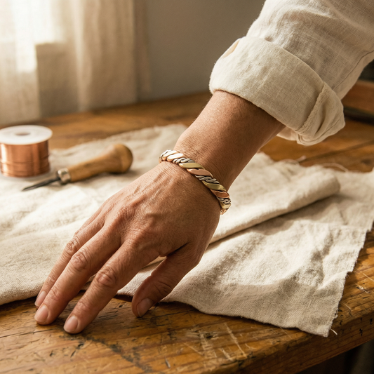 Twisted three-metal cuff worn on a wrist, hand resting on linen beside a wire spool and tool 2