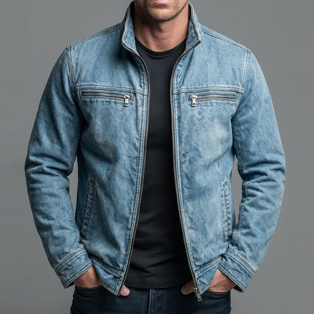Man wearing the jacket in faded light blue denim with silver-toned zips, open over a black t-shirt, hands in pockets. 7