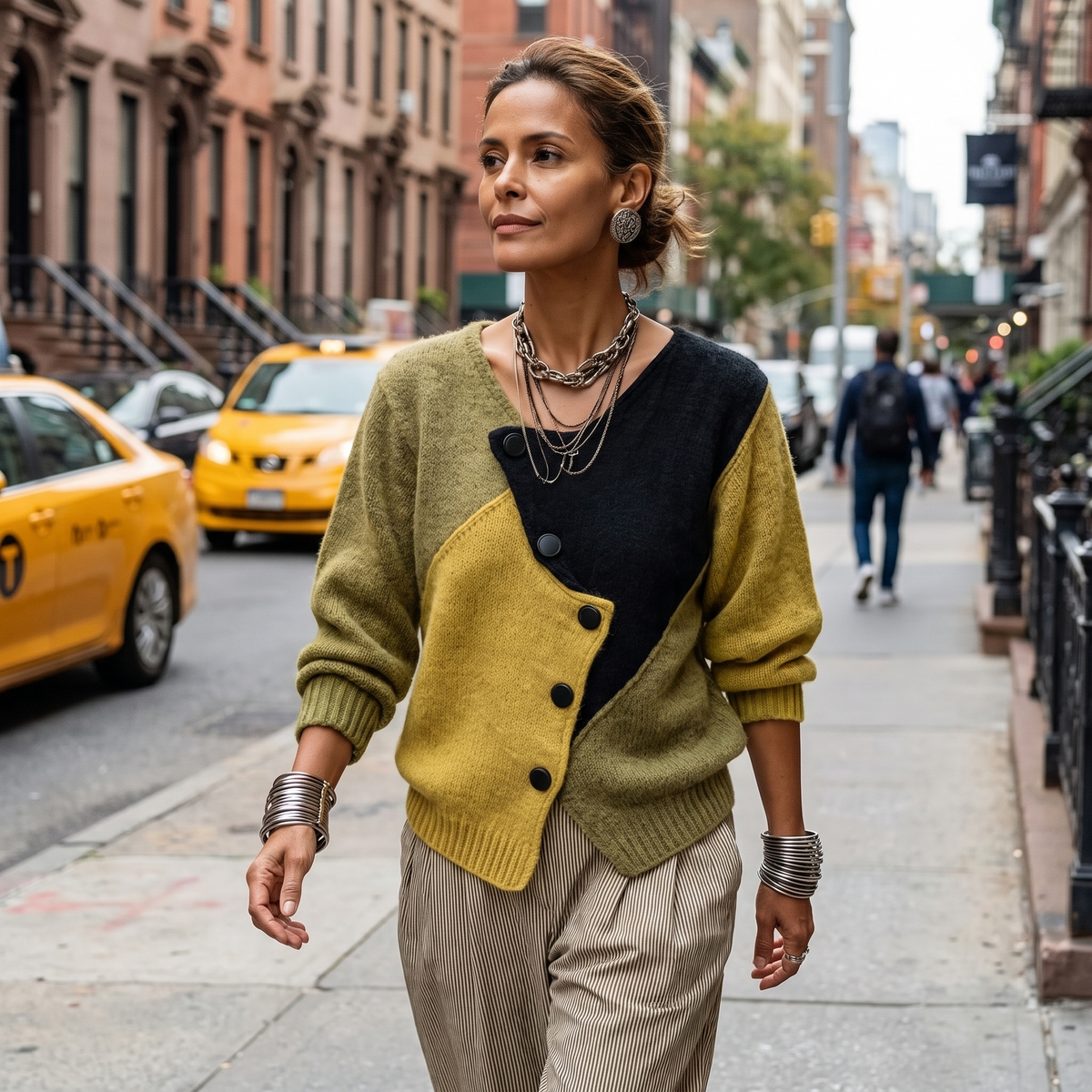Model walking along a city street in the colour-block button knit with striped trousers and silver jewellery 4