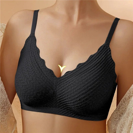 Black scalloped-edge bralette with textured wave pattern and thin straps, worn by a model, shown from the front. 1