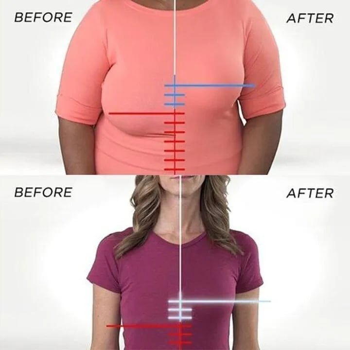Before-and-after comparison of two women in fitted tops, with red and blue lines marking the change in bust position. 9