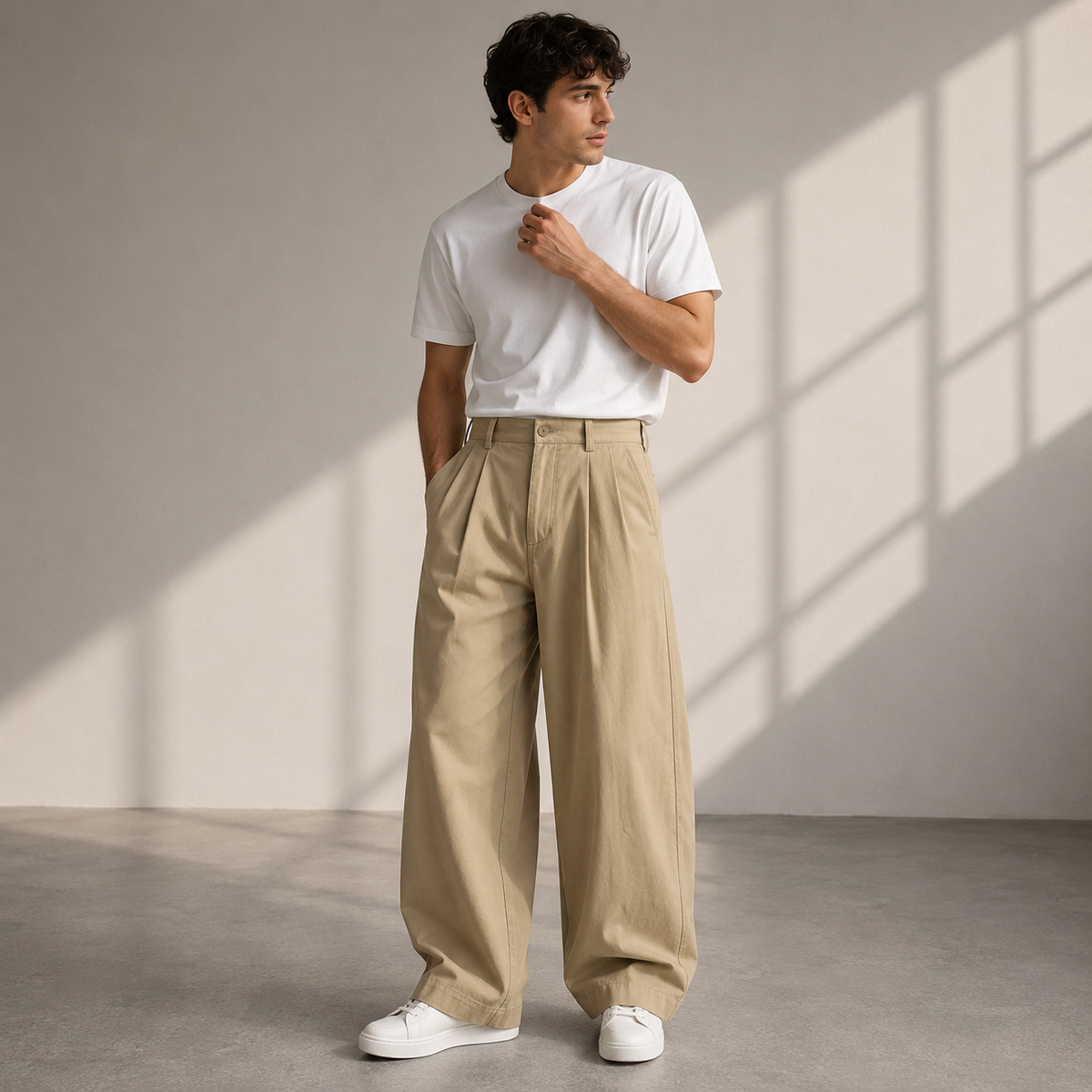Model wearing beige pleated wide-leg trousers with a white t-shirt and white trainers, one hand raised to his collar. 3
