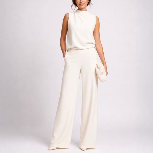 Model wears the sleeveless jumpsuit in cream with matching pointed shoes, one hand in pocket, holding a fluffy clutch 2