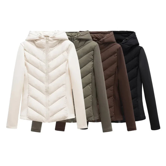 Four hooded padded jackets lined up side by side in cream, olive green, brown and black, showing the colour options. 1