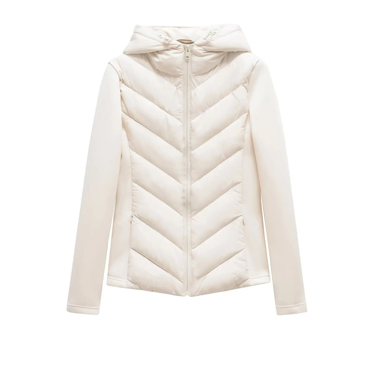 Cream hooded padded jacket with chevron quilting and zipped side pockets, shown flat against a plain white background. 10