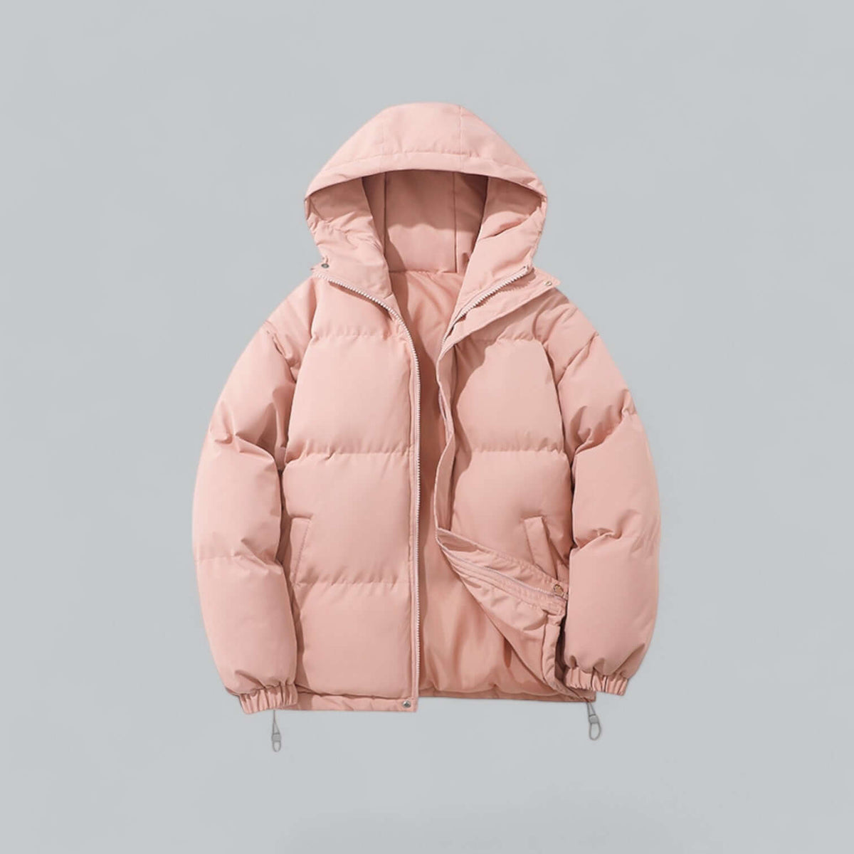 Soft pink puffer jacket with hood, zip partly open, showing front pockets and toggle cords at the hem. 10