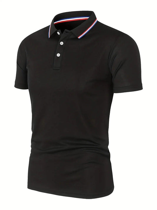 Black short-sleeved polo shirt shown at an angle, with a three-button placket and a red, white and blue striped collar. 1