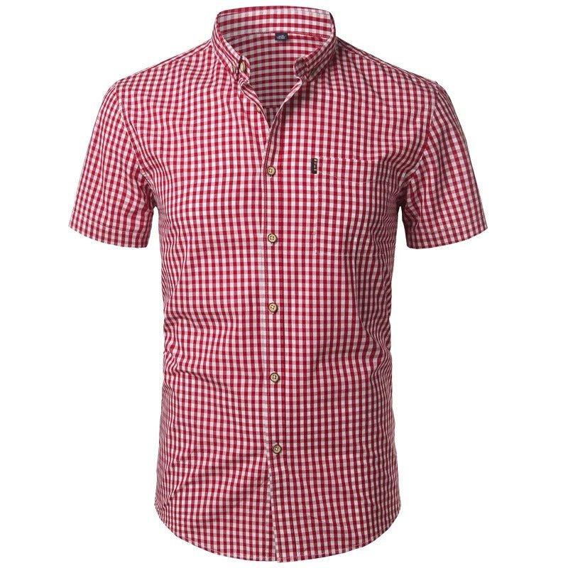 Second front view of the red and white gingham shirt, with button-down collar and chest pocket. 16