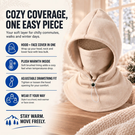 Cream fleece hood on a wintry windowsill, with feature icons describing its warmth and fit 2