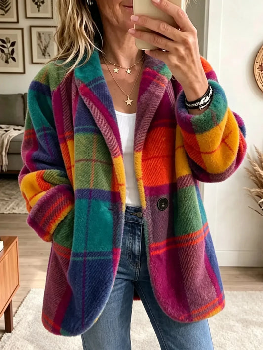 Woman taking a mirror selfie in a fluffy checked coat in pink, orange, yellow, green and blue, worn open over jeans. 1