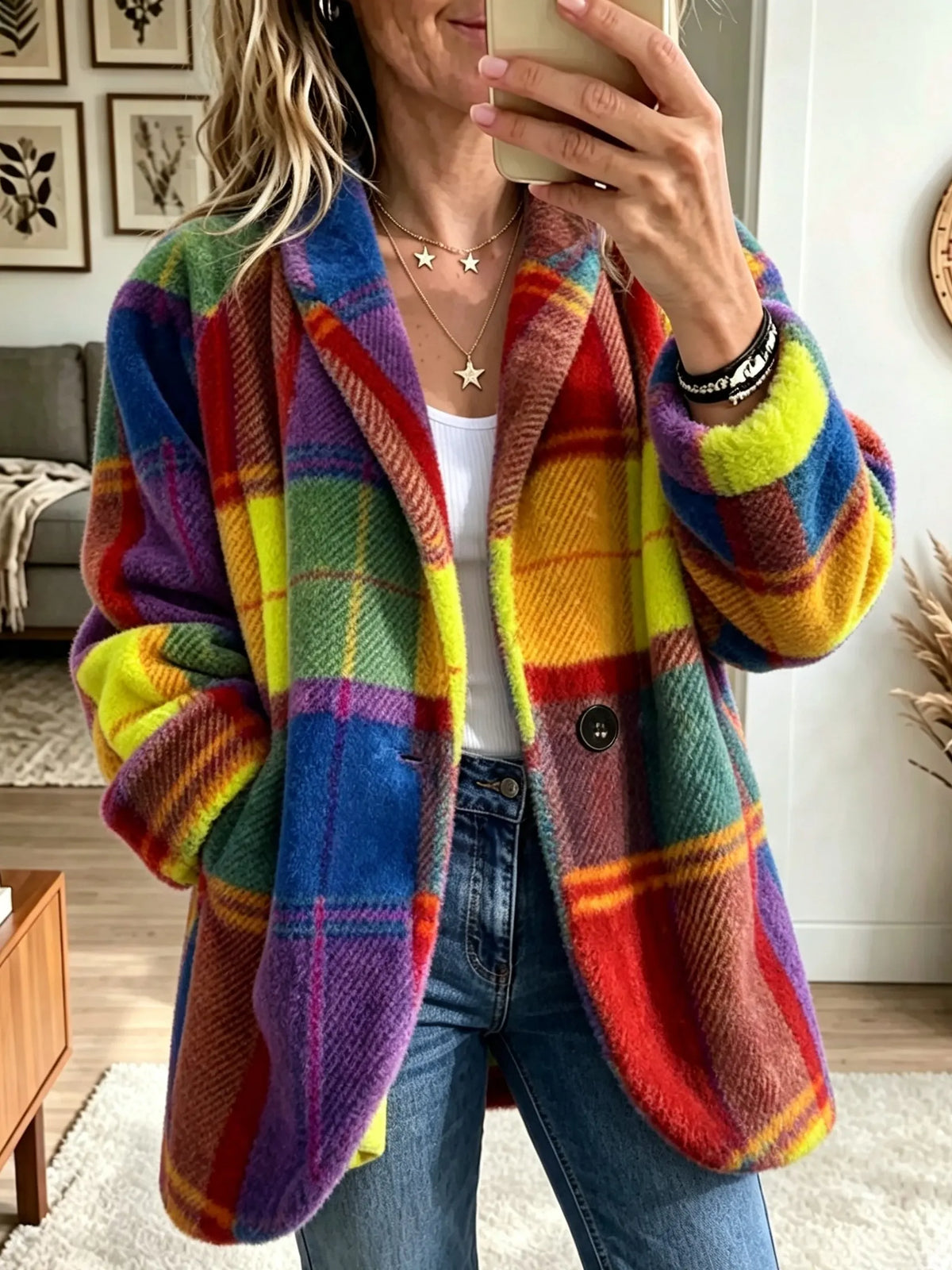 Coat in a plaid colourway of red, yellow, blue, purple and lime green, worn open with jeans in a mirror selfie. 5