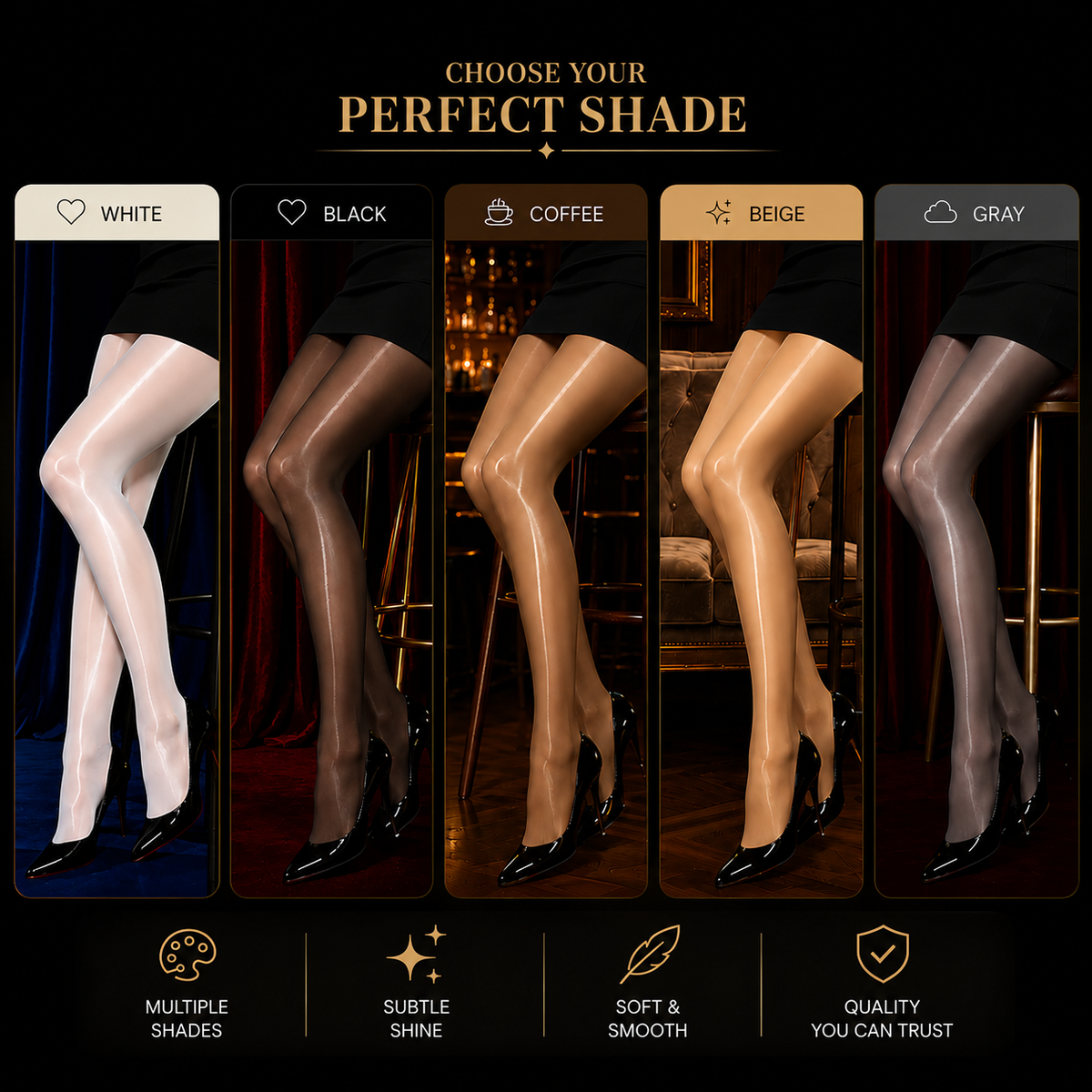 Five legs in a row showing the available shades: white, black, coffee, beige and grey, each with a glossy finish. 4