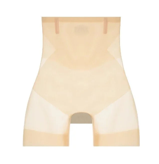 Beige high-waisted shorts laid flat, front view, with sheer side panels, waistband tabs and banded leg hems. 12