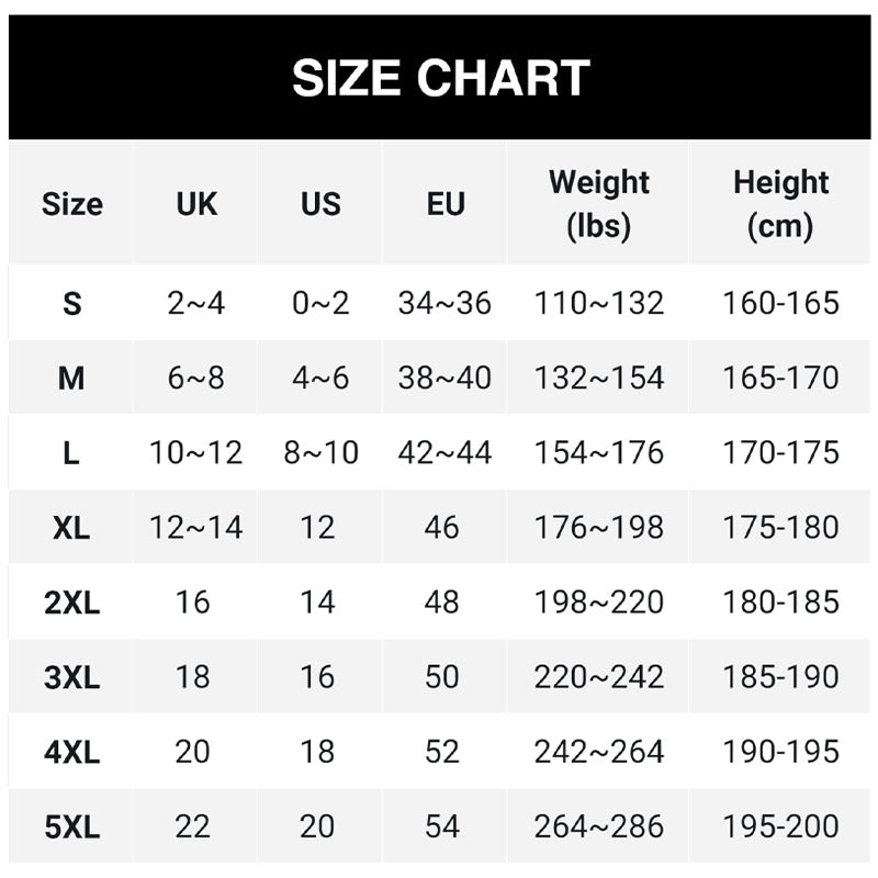 Size chart table matching sizes S to 5XL with UK, US and EU sizes plus recommended weight and height ranges. 17