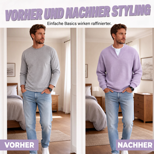 Before-and-after comparison: plain grey long-sleeve tee beside the lilac waffle knit top with white layer showing 2