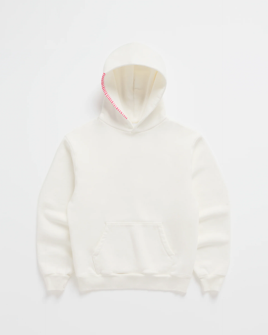 Flat lay of the cream hoodie with bright pink stitching along the hood edge and a front pouch pocket 2