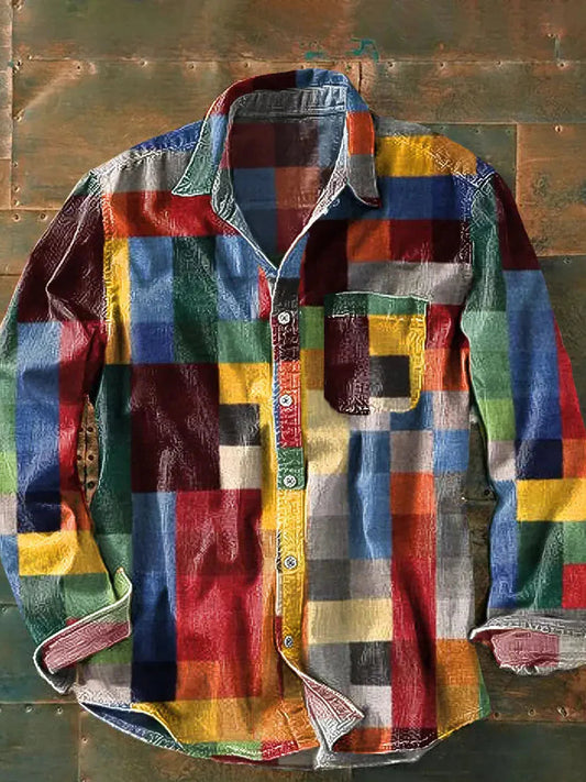 Flat lay of the colour-block check shirt in red, blue, yellow and green squares, with chest pocket and button front. 1