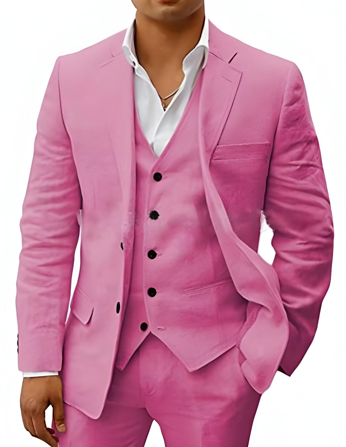 Model wearing the suit in rose pink, with jacket, five-button vest and trousers shown from the front. 14