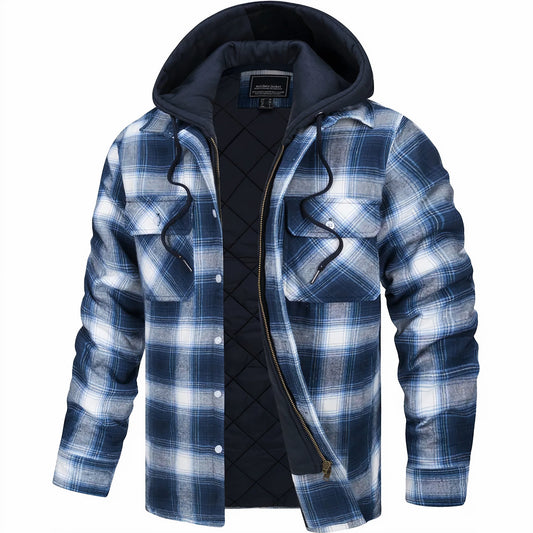 Hooded jacket in navy, light blue and white check, open to reveal quilted lining 2