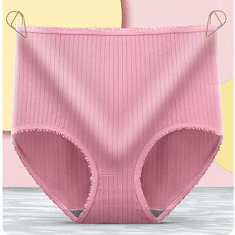 Dusky rose pink ribbed high-waisted briefs with frilled trim, hung from two gold clips against a pink and yellow backdrop. 11