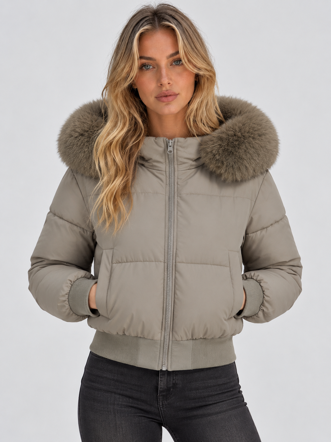 Front view of the taupe version with matching fluffy hood trim and both hands in pockets 5