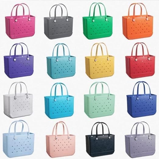 Grid of sixteen totes in assorted colours including pink, grey, green, orange, purple, turquoise, yellow, red, white, blue and black. 27
