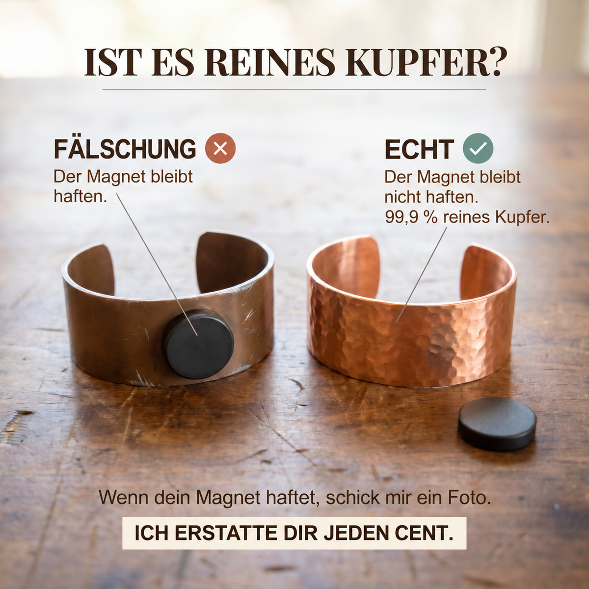 Infographic comparing a dull cuff with a magnet stuck to it against a hammered copper cuff with a loose magnet 4