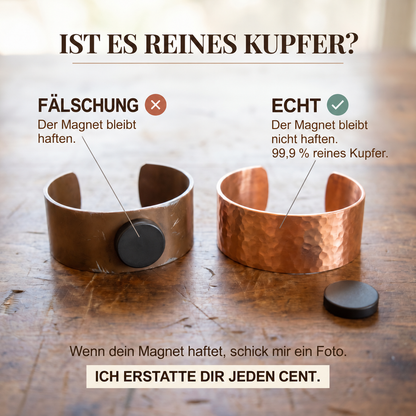 Infographic comparing a dull cuff with a magnet stuck to it against a hammered copper cuff with a loose magnet 4