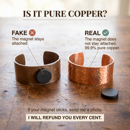 Infographic comparing two copper cuffs with a loose magnet, one clinging to the fake and not the real 4