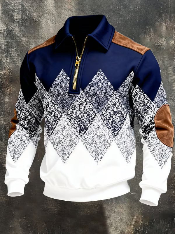 Navy and white version with gold half zip, tan shoulder panels and suede-look elbow patches 3