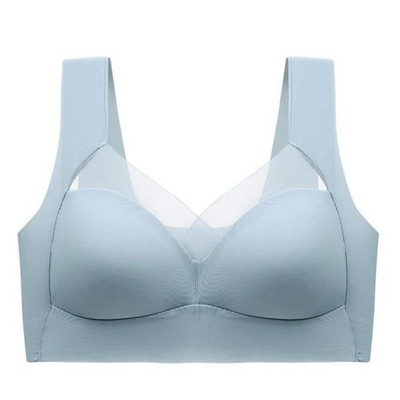 Single pale blue seamless bra shown flat from the front, with mesh V-neck panel and wide straps 13
