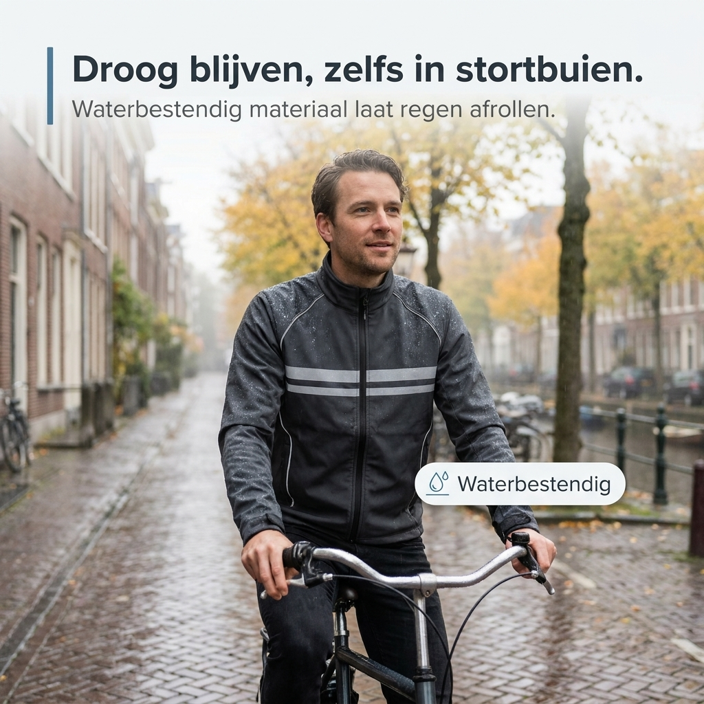 Man in the black jacket riding a bicycle along a wet cobbled canal street in autumn rain. 2