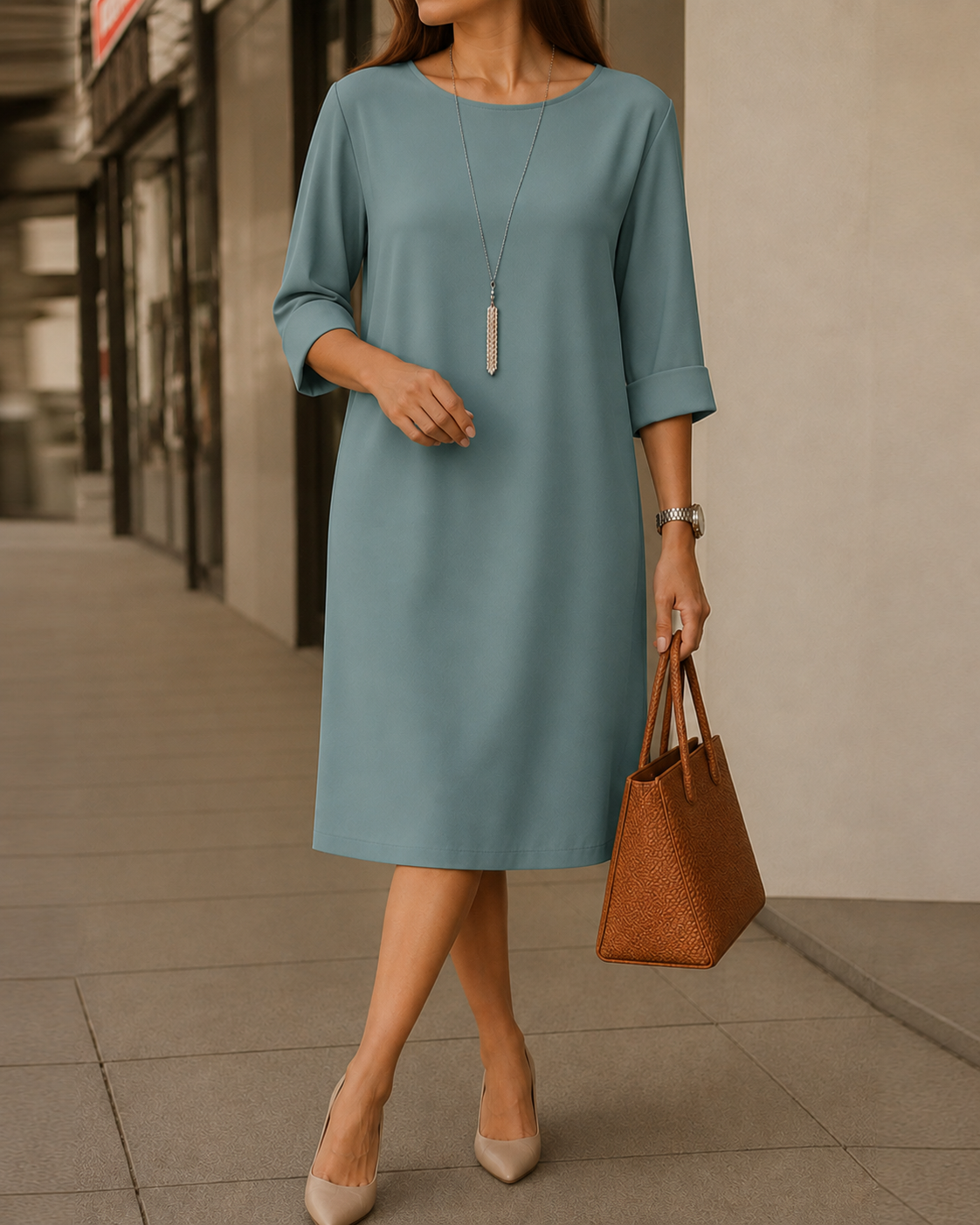 Model in the soft teal-green dress with turned-back cuffs, standing with a brown tote and nude heels 5