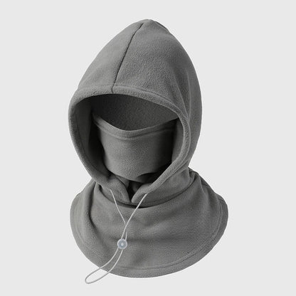 Grey fleece hood with built-in face cover and a white drawstring toggle 6