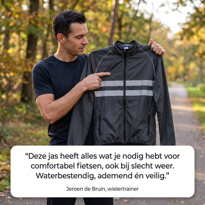 Man in a black t-shirt holds up the grey cycling jacket outdoors, pointing at the reflective stripes, with a quote below. 6