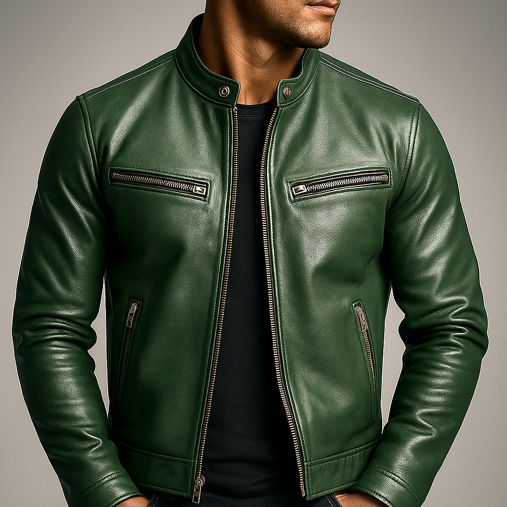 Green leather jacket worn open by a model over a black t-shirt, showing the snap collar and chest and hip zip pockets. 1