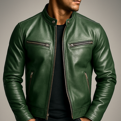 Green leather jacket worn open by a model over a black t-shirt, showing the snap collar and chest and hip zip pockets. 1