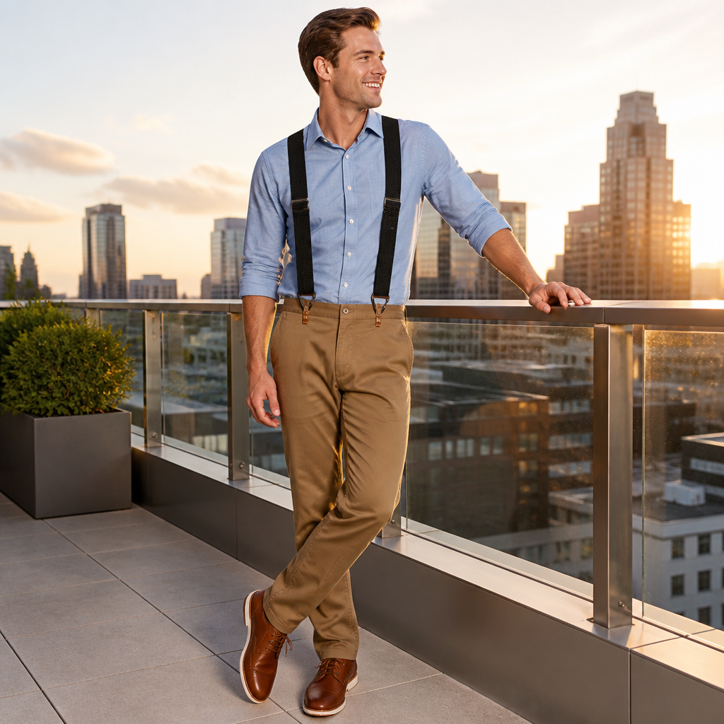 Smiling man in a light blue shirt and khaki trousers wearing black suspenders, leaning on a glass-railed rooftop terrace at sunset. 1