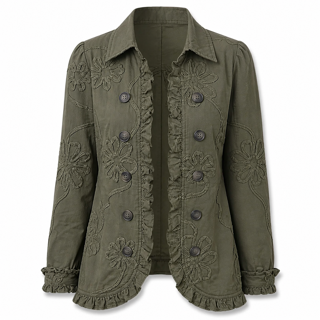 Flat lay of the olive green jacket showing floral appliqué embroidery, double row of buttons, ruffled front edges, hem and cuffs. 9