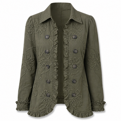 Flat lay of the olive green jacket showing floral appliqué embroidery, double row of buttons, ruffled front edges, hem and cuffs. 9